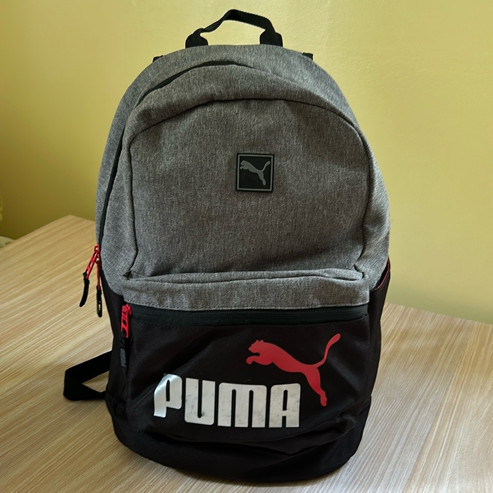 Puma backpack black red gray laptop compartment pockets, front zip pocket, logo